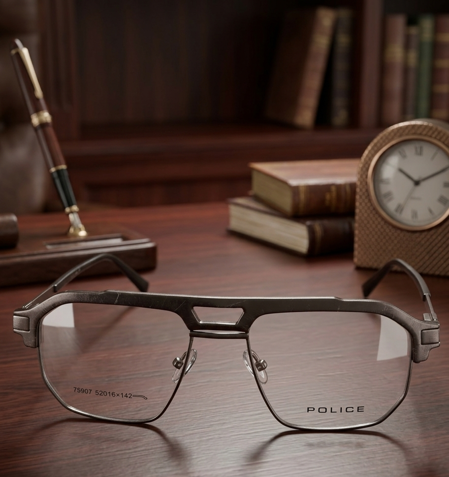 Police Aviator Eyeglasses Dark Brown Gunmetal - Classic Desk Lifestyle