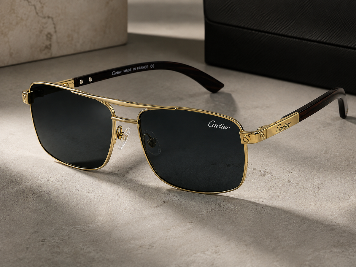 Cartier Santos Sunglasses – 3/4 View on Marble Surface with Case