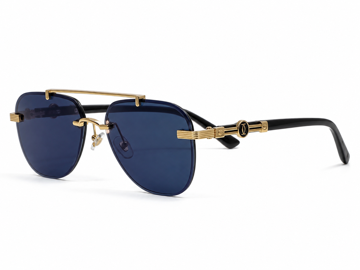Cartier CT0291S Rimless Aviator Navy Blue Gold - Opposite Three Quarter White Background
