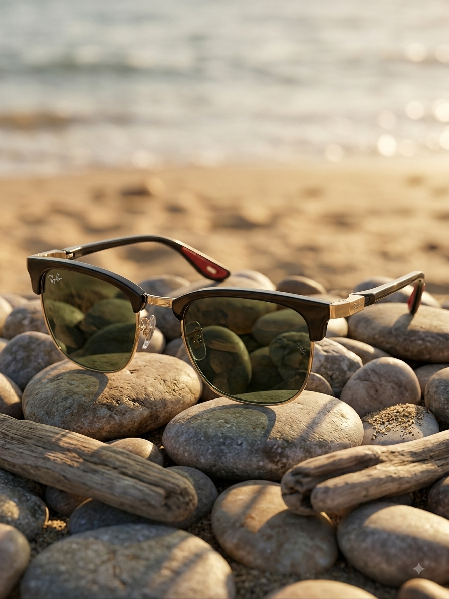 Ray-Ban RB3016 Clubmaster Black Gold G-15 - Lifestyle Rocky Beach Golden Hour