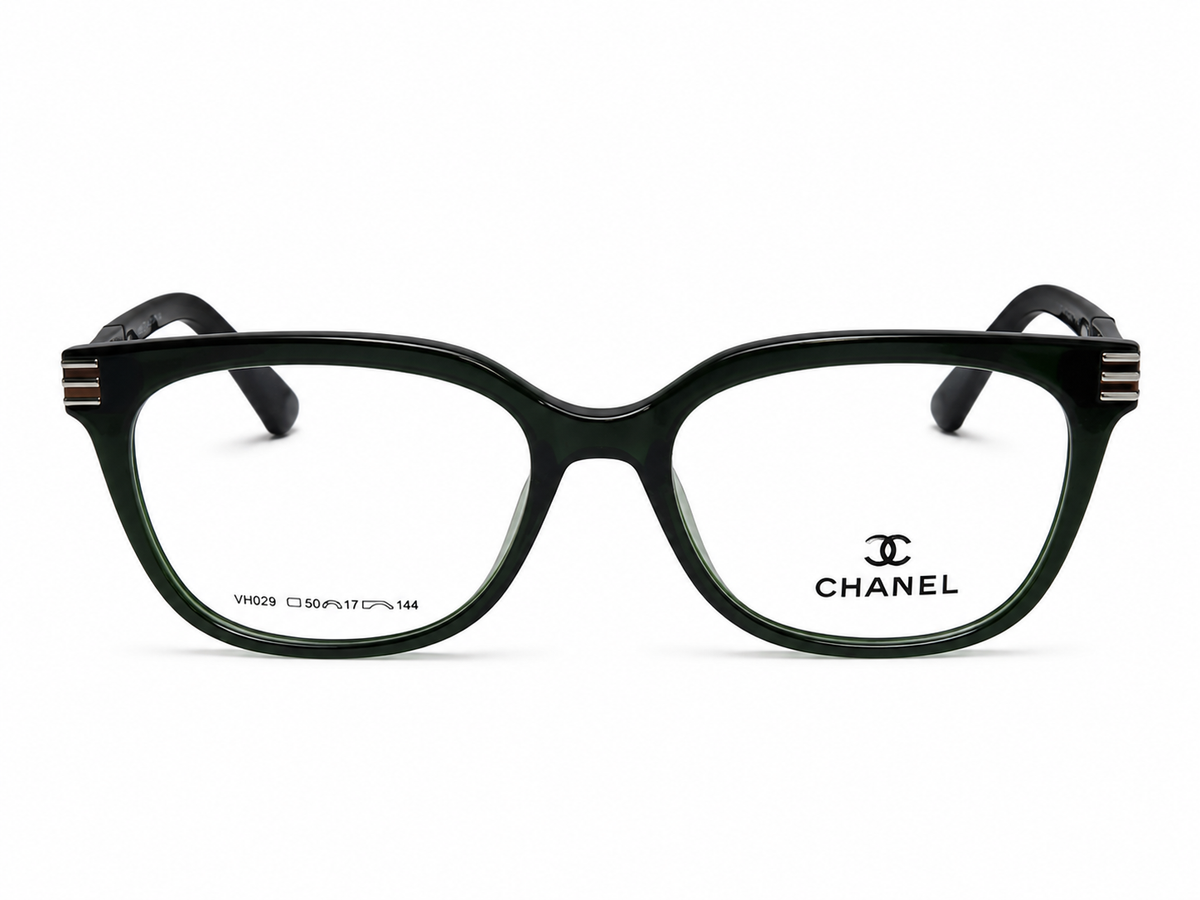 Chanel Cat-Eye Eyeglasses Deep Green Silver - Front View White Background