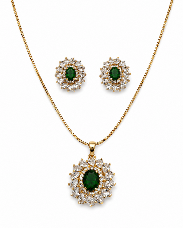 Emerald green royal oval CZ necklace and earrings set gold tone
