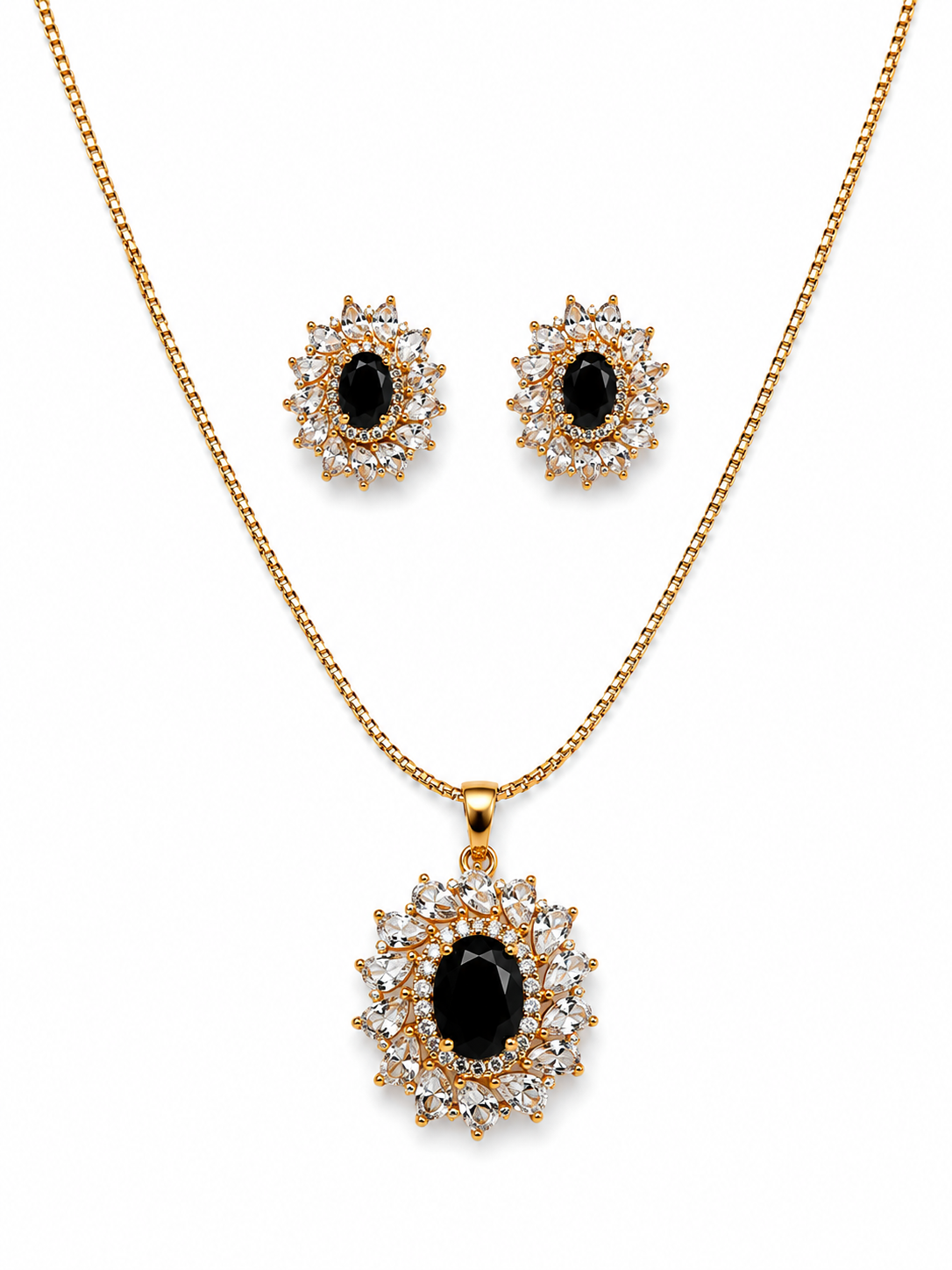 Jet black royal oval CZ necklace and earrings set gold tone