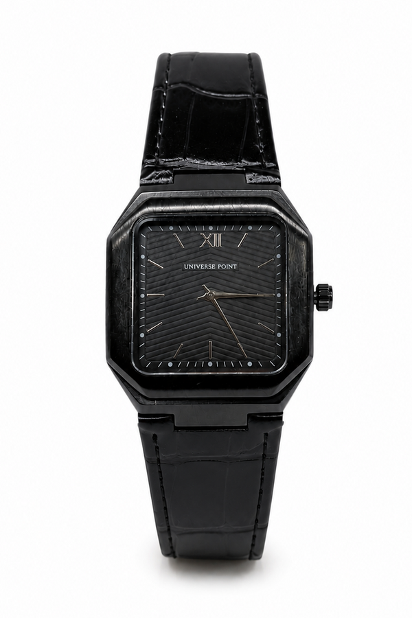 Universe Point Black Square Dial Leather Strap Watch