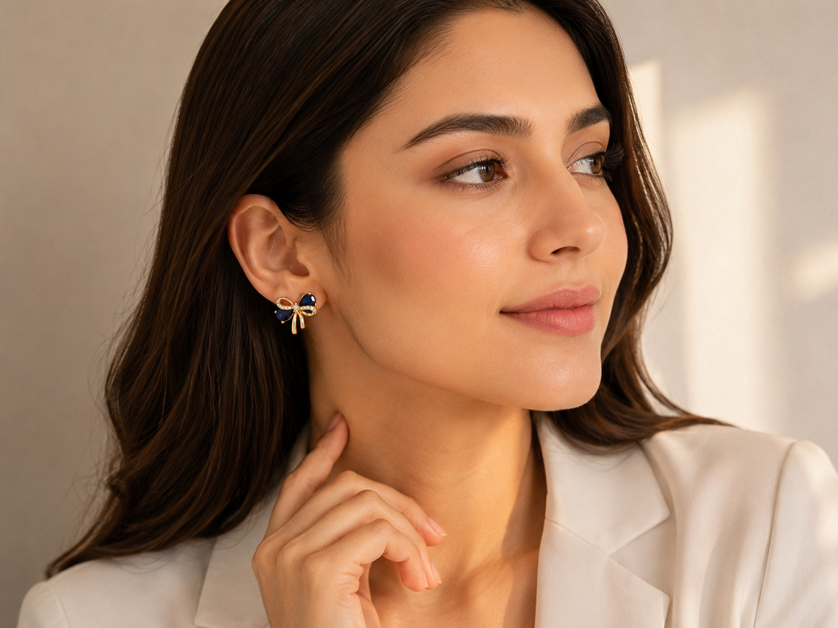 Gold Blue Sapphire Bow Stud Women's Earrings