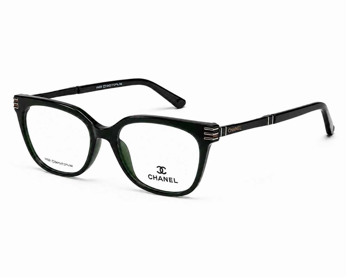 Chanel Cat-Eye Eyeglasses Deep Green Silver - Three Quarter Angle White Background