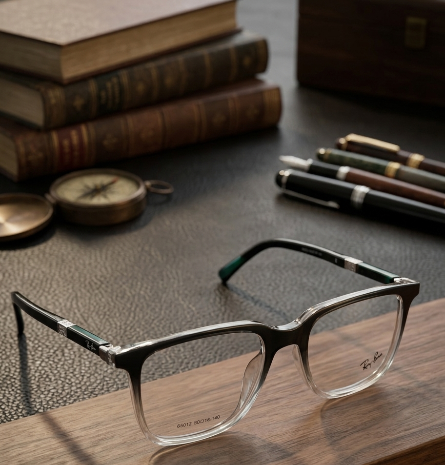 Ray-Ban 65012 Black Clear Gradient - Lifestyle Desk with Books and Compass