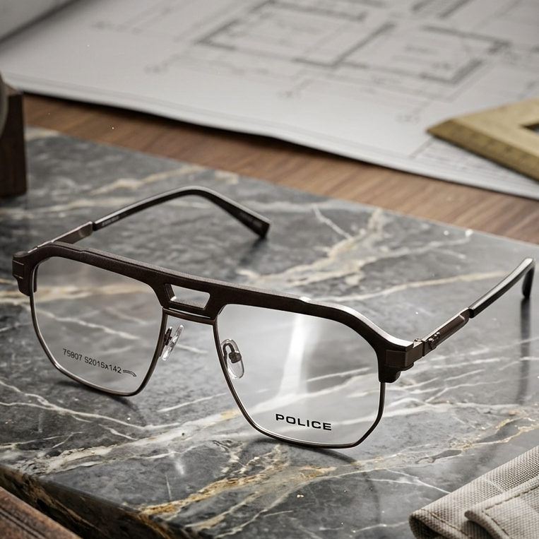 Police Aviator Eyeglasses Dark Brown Gunmetal - Marble Surface Side View