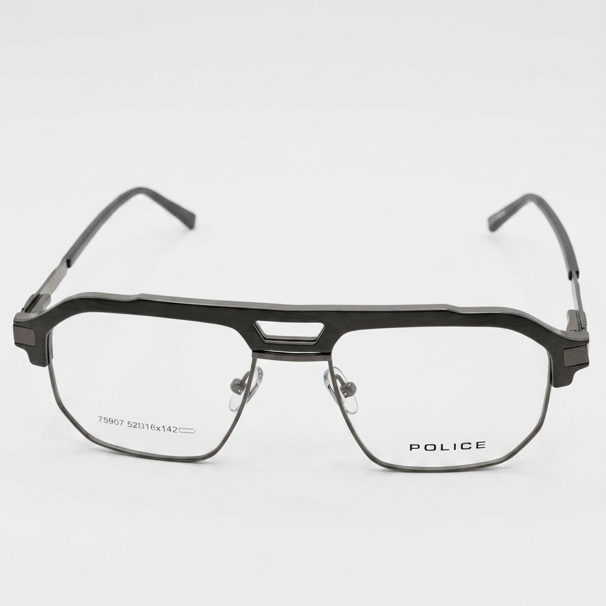 Police Aviator Eyeglasses Dark Brown Gunmetal - Library Desk Front View