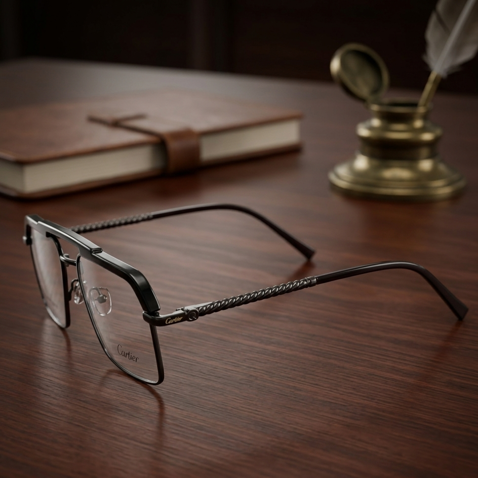 Black square-frame eyeglasses on a wooden desk