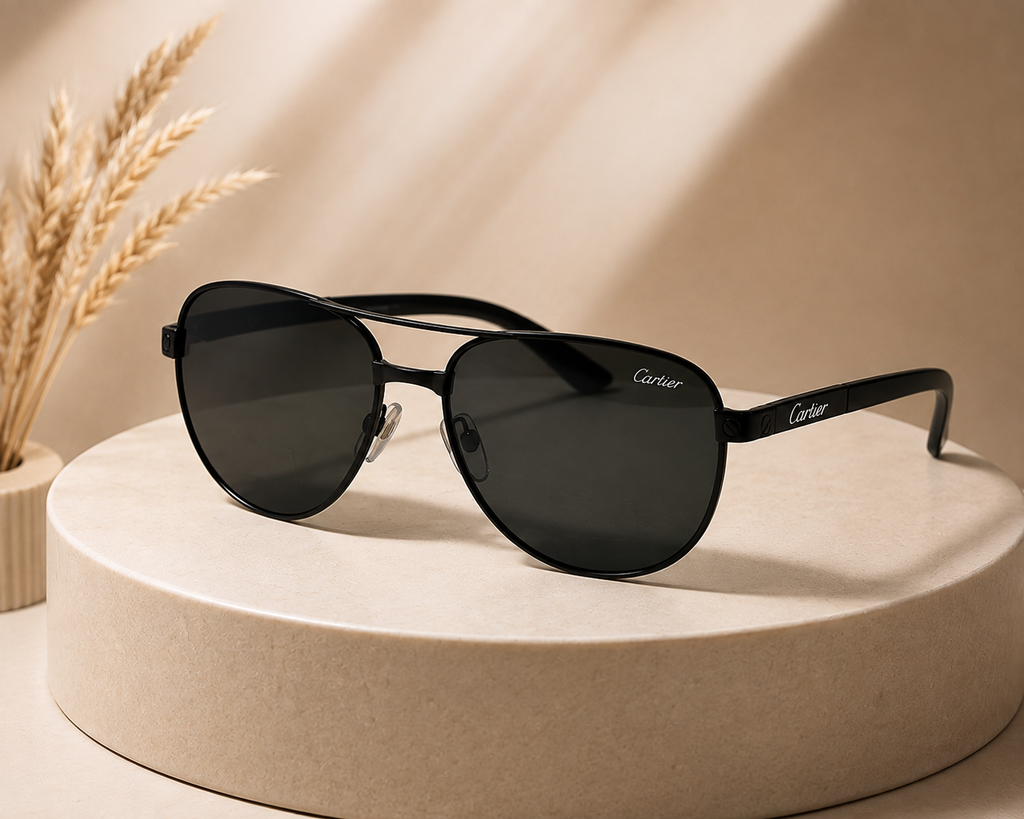 Cartier Santos Aviator – Lifestyle on Beige Pedestal with Wheat Stems