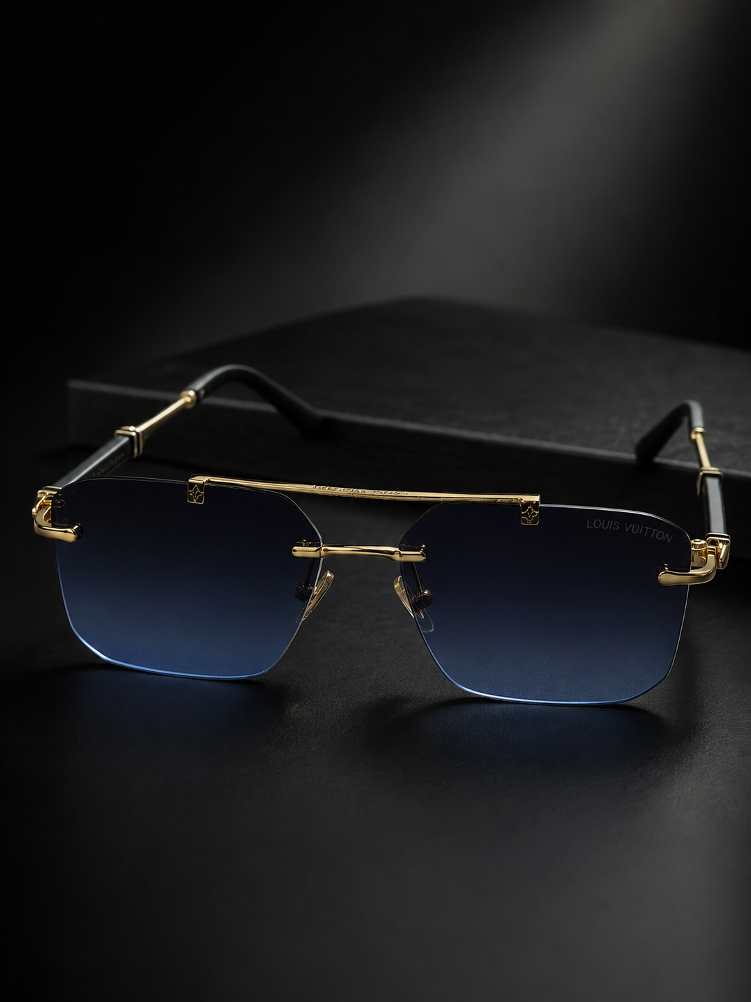 Louis Vuitton Rimless Square Sunglasses Blue Gradient Gold - Dark Background Front View