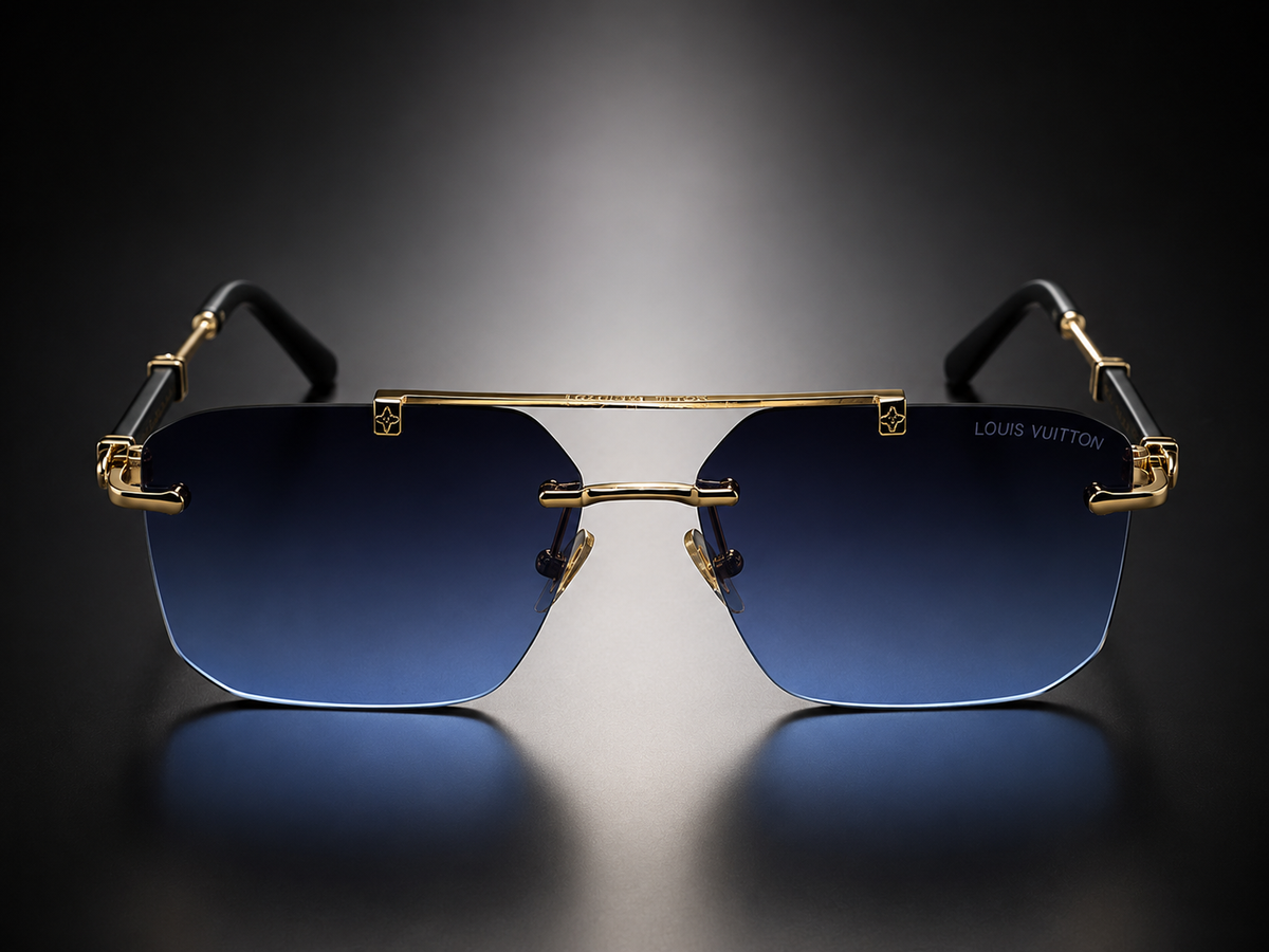Louis Vuitton Rimless Square Sunglasses Blue Gradient Gold - Marble Surface Luxury Lifestyle with LV Box