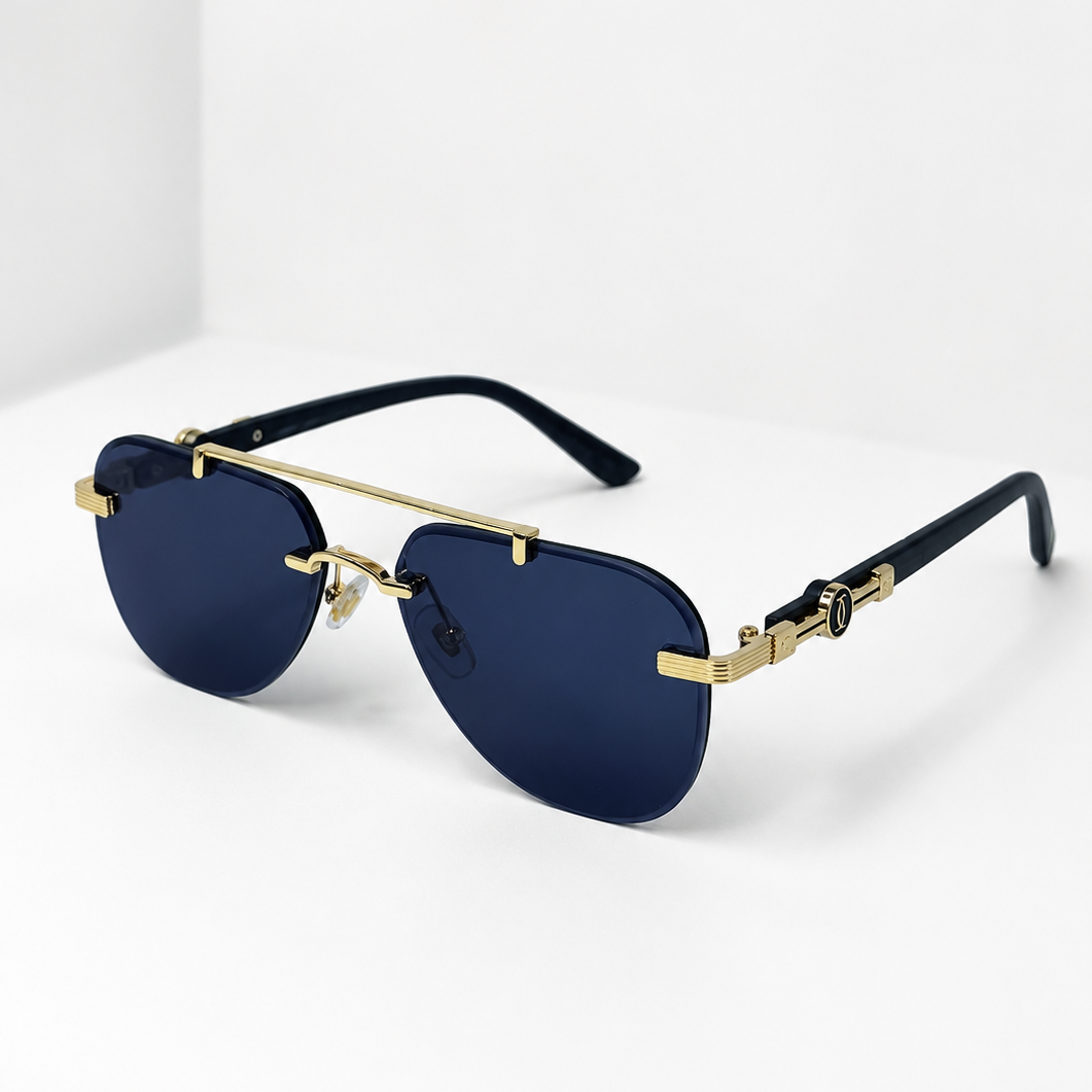 Cartier CT0291S Rimless Aviator Navy Blue Gold - Three Quarter Angle White Background
