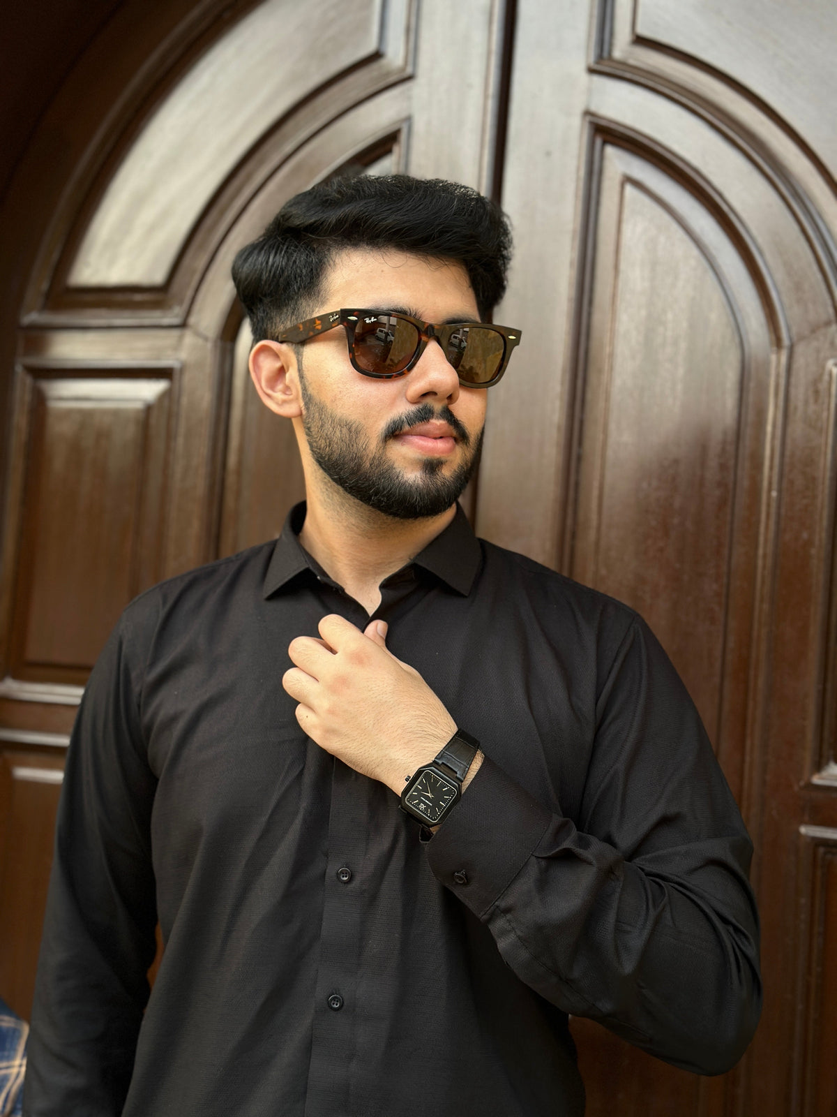 Universe Point Black Square Dial Leather Strap Watch