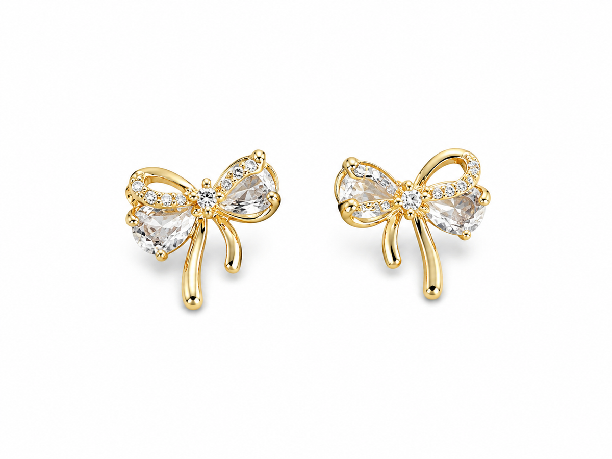 Champagne brown crystal bow stud earrings gold tone