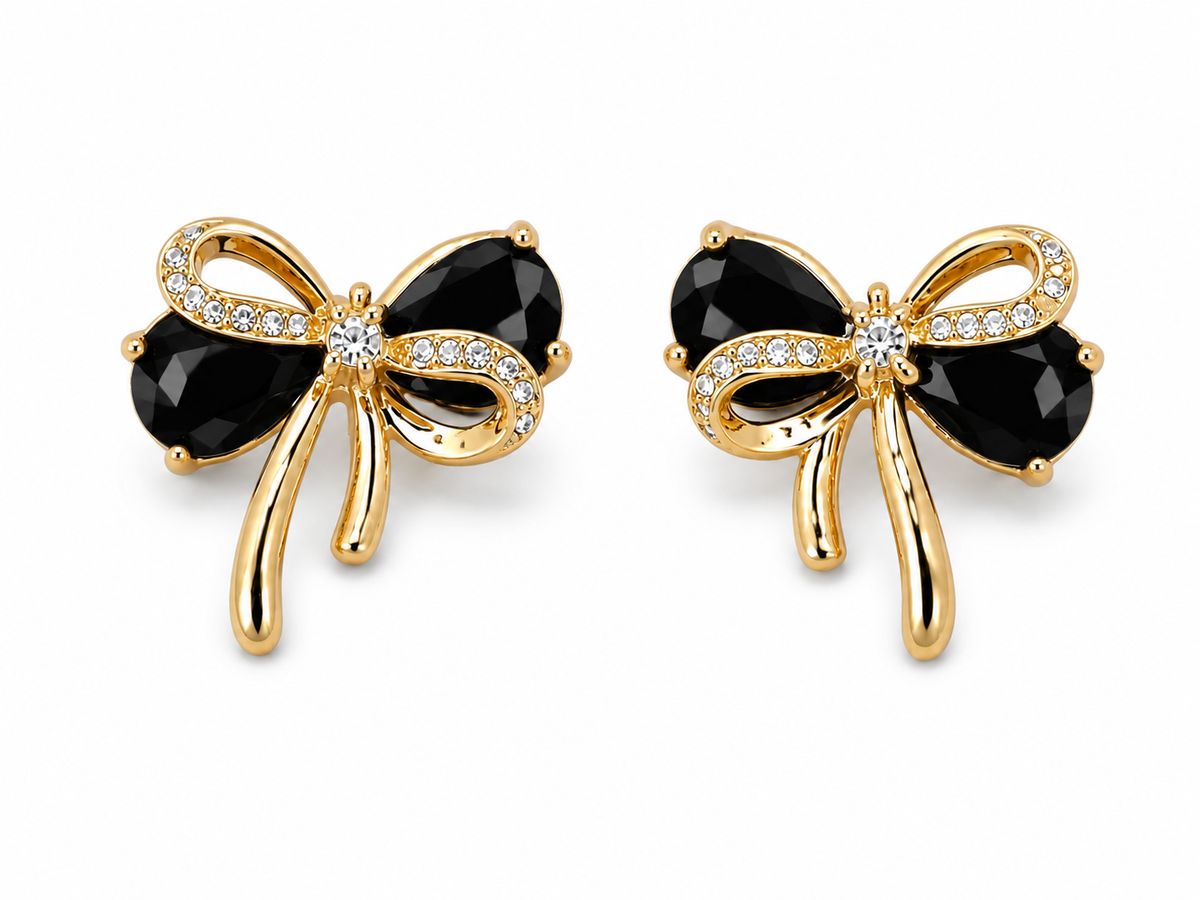 Black crystal bow stud earrings gold tone