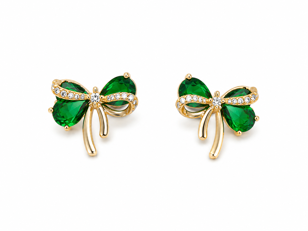 Mint green crystal bow stud earrings gold tone