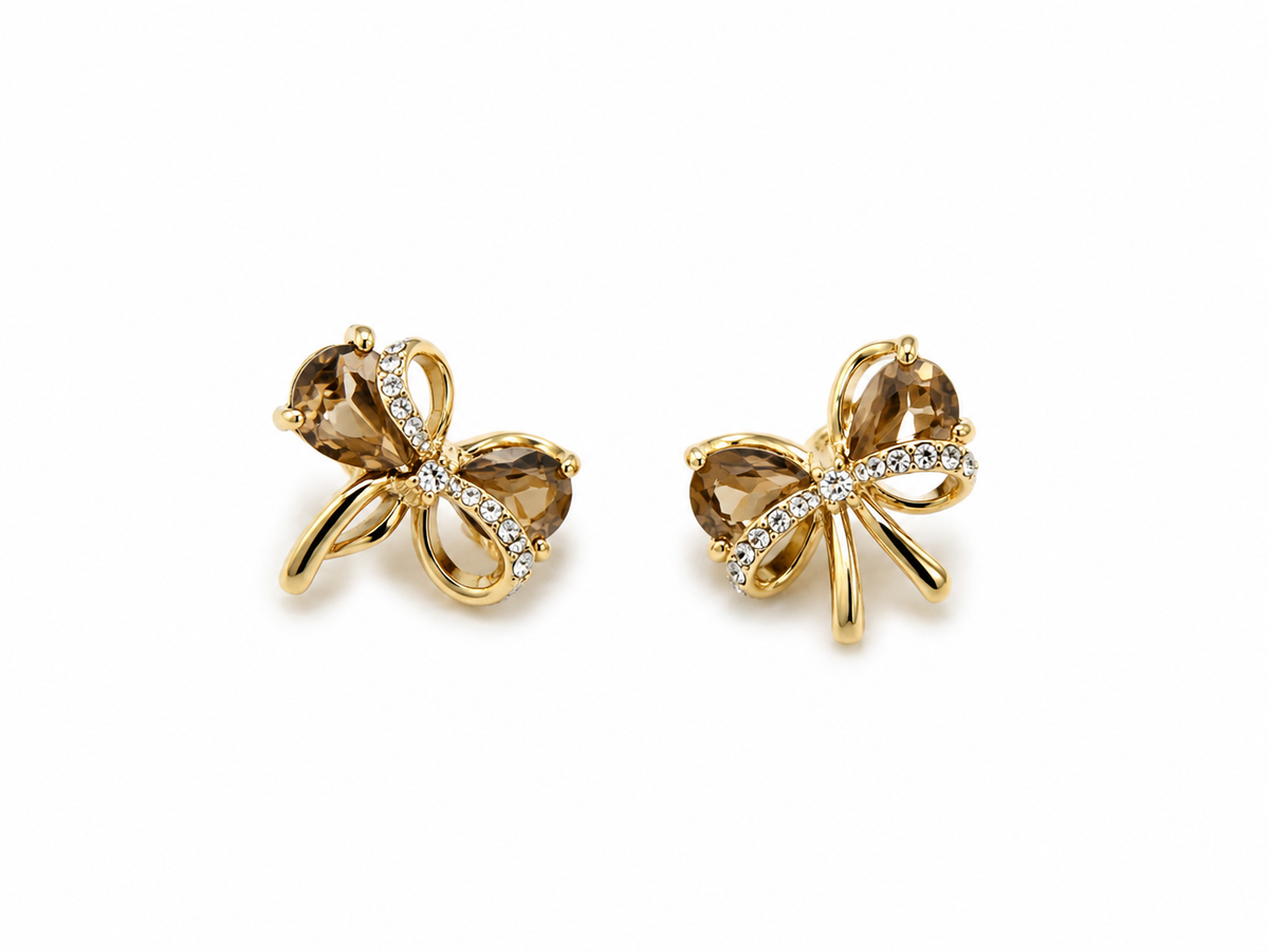 Navy blue crystal bow stud earrings gold tone