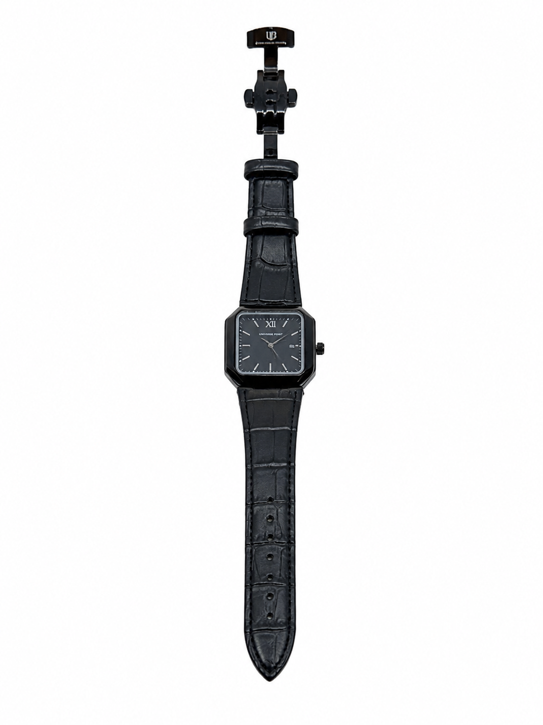 Universe Point Black Square Dial Leather Strap Watch