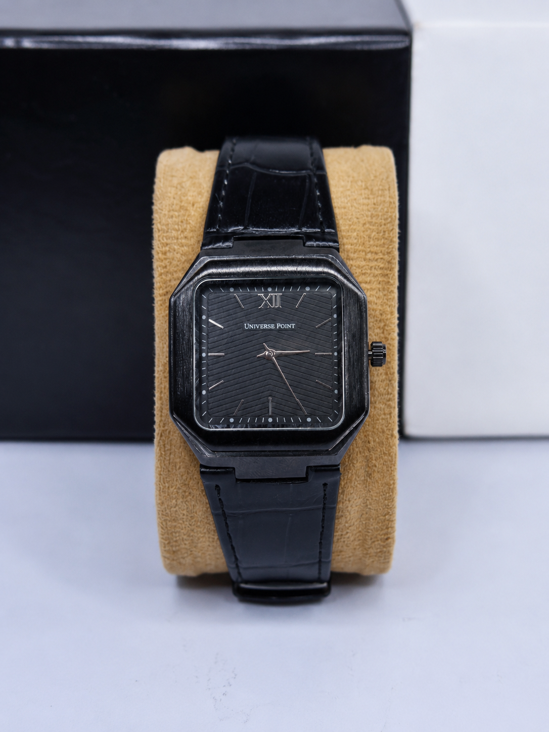 Universe Point Black Square Dial Leather Strap Watch