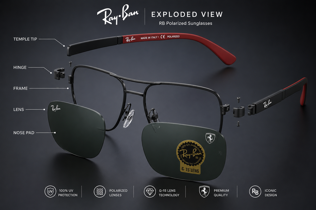 Ray-Ban x Ferrari RB8313M - Exploded View showing G-15 Lens, Double Bridge, Red Temple Tips